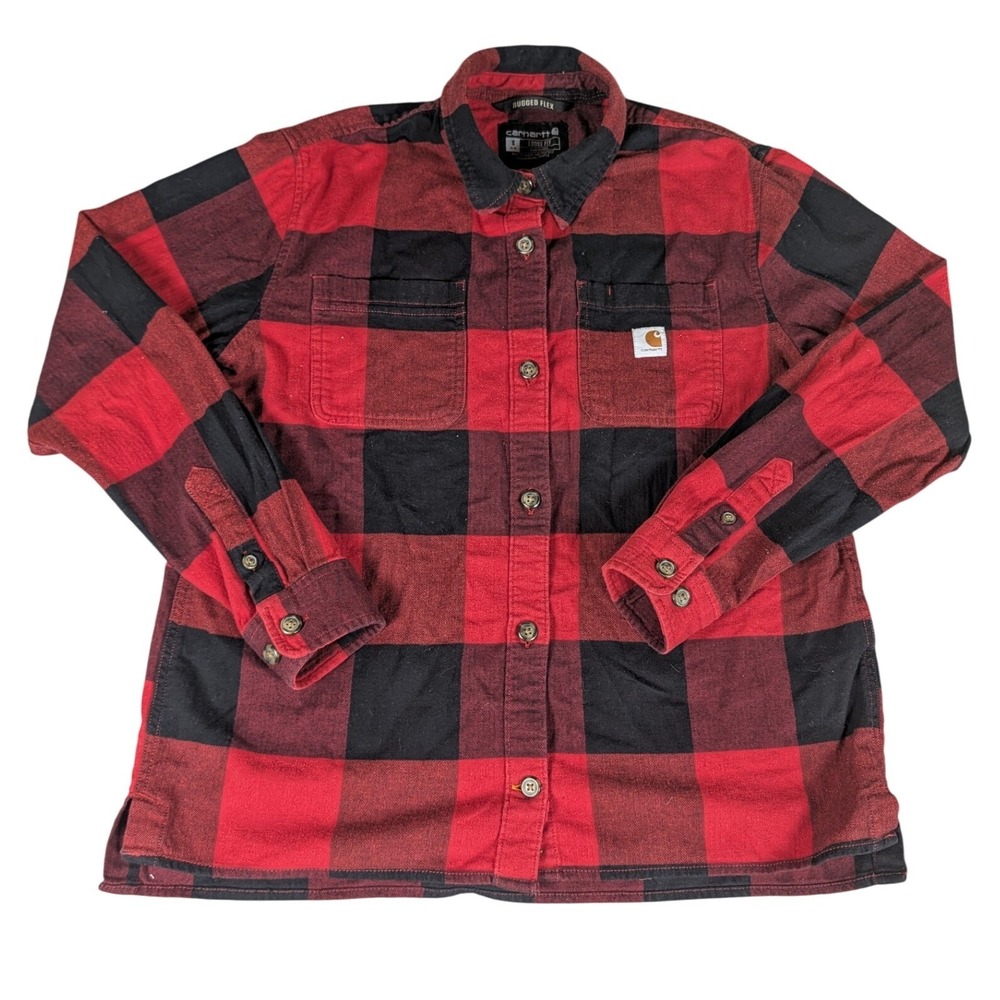 Carhartt Rugged Flex Loose Fit Buffalo Plaid Flannel Shirt Red Black Long Sleeve